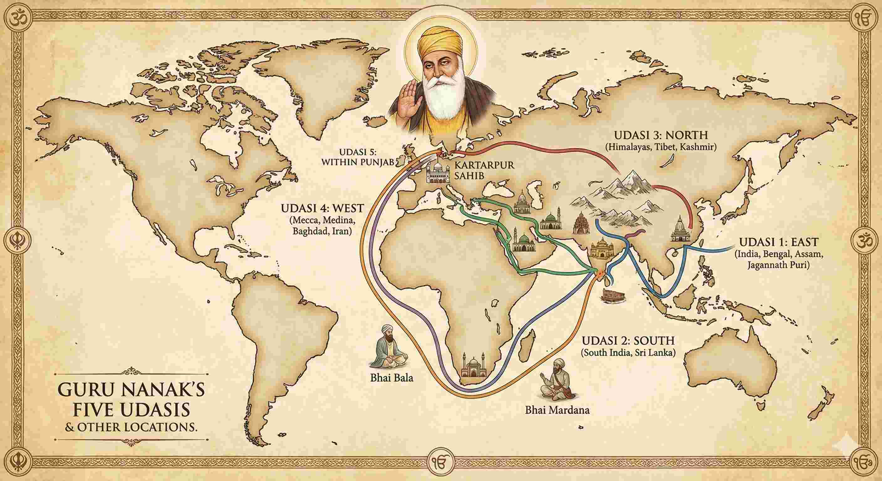 The Five Udasis and other locations visited by Guru Nanak